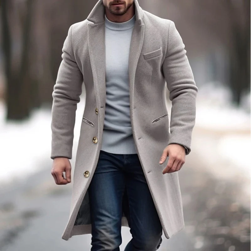 Herren Eleganter einreihiger Langmantel aus Wollmix mit schmaler Silhouette und Reverskragen Nord Taschen