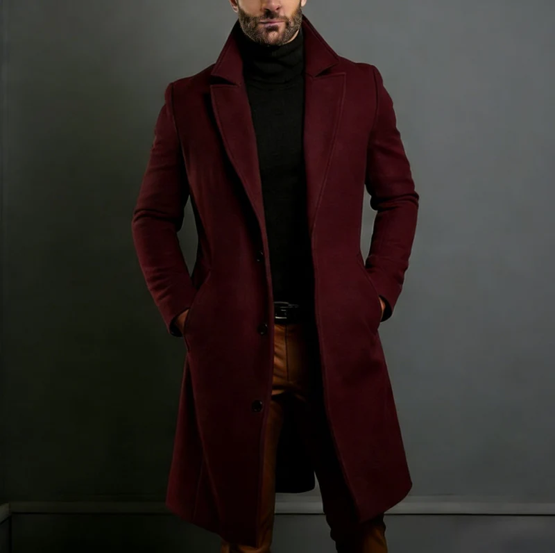 Herren Eleganter einreihiger Langmantel aus Wollmix mit schmaler Silhouette und Reverskragen Nord Taschen