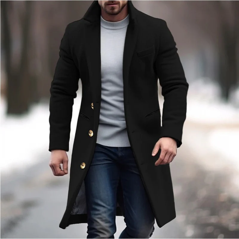 Herren Eleganter einreihiger Langmantel aus Wollmix mit schmaler Silhouette und Reverskragen Nord Taschen