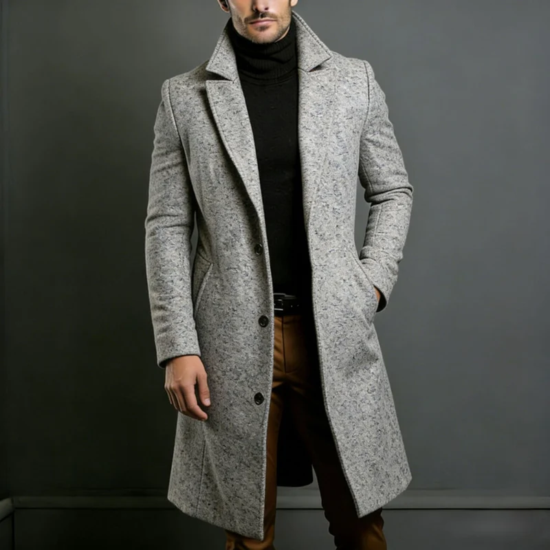Herren Eleganter einreihiger Langmantel aus Wollmix mit schmaler Silhouette und Reverskragen Nord Taschen