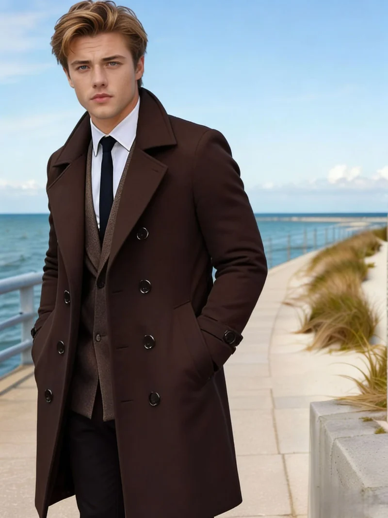Herren Eleganter einreihiger Langmantel aus Wollmix mit schmaler Silhouette und Reverskragen Nord Taschen