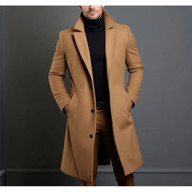 Herren Eleganter einreihiger Langmantel aus Wollmix mit schmaler Silhouette und Reverskragen Nord Taschen