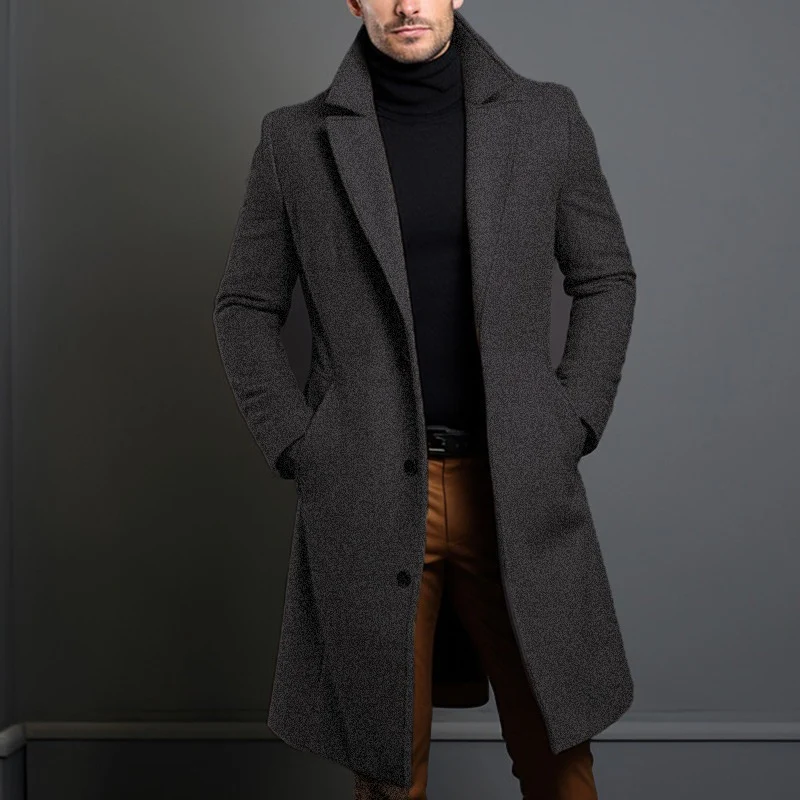 Herren Eleganter einreihiger Langmantel aus Wollmix mit schmaler Silhouette und Reverskragen Nord Taschen