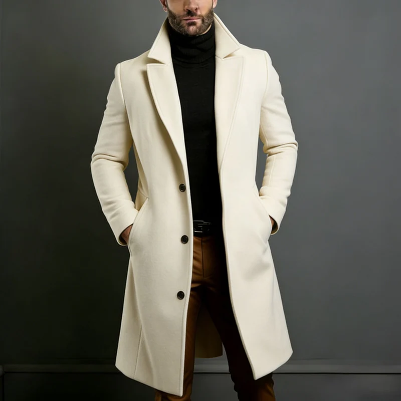 Herren Eleganter einreihiger Langmantel aus Wollmix mit schmaler Silhouette und Reverskragen Nord Taschen