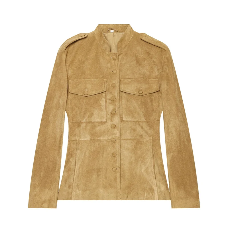 Damen Military-inspirierte Jacke aus Veloursoptik mit Stehkragen und Pattentaschen Nord Taschen