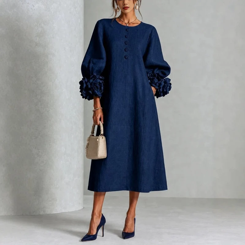 Damen Midikleid aus Leinen mit Ballonärmeln und 3D-Blütenmanschetten Nord Taschen