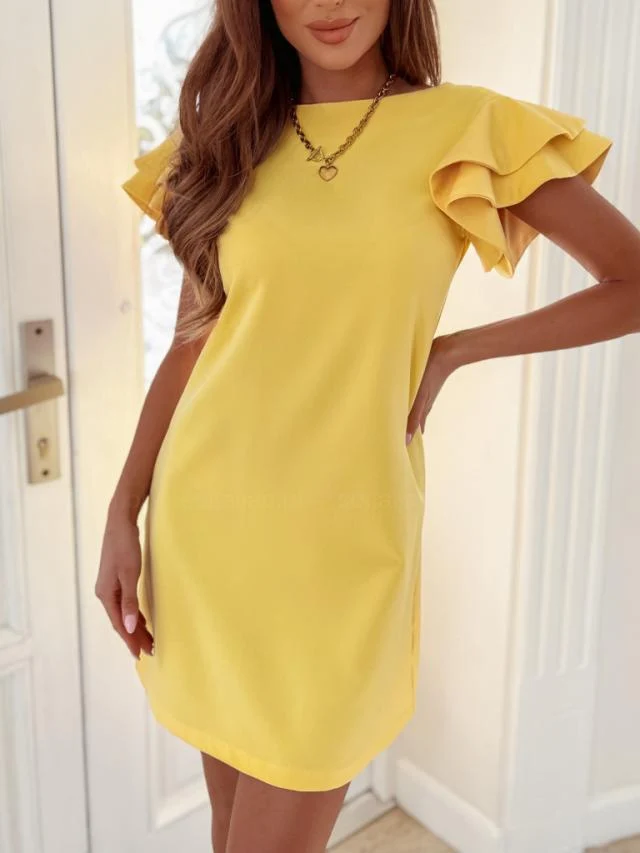 Damen Kurzarm Kleid mit Rüschenärmeln und Geradem Schnitt
