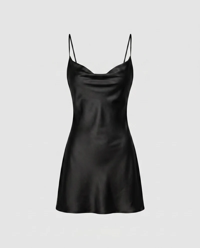 Damen Satin Minikleid mit verführerischem Ausschnitt und schwingendem Rock Nord Taschen