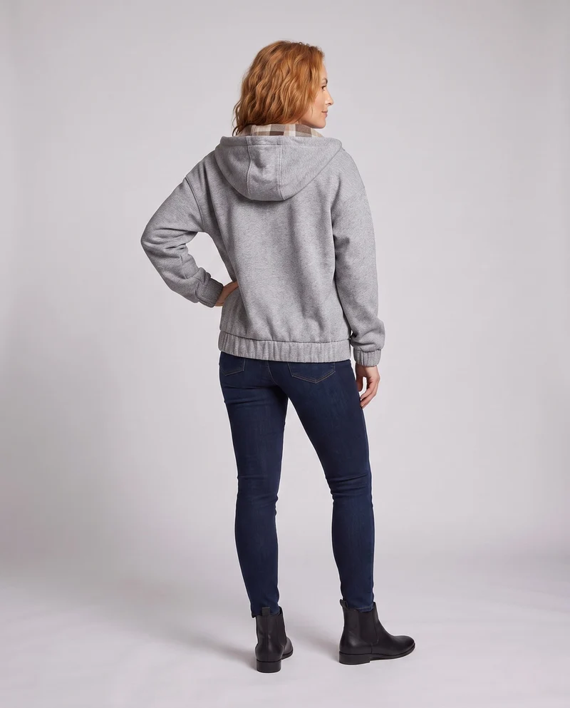 Damen Oversized Hoodie-Jacke mit Karo-Innenfutter in der Kapuze, elastischem Saum und verdeckten Seitentaschen