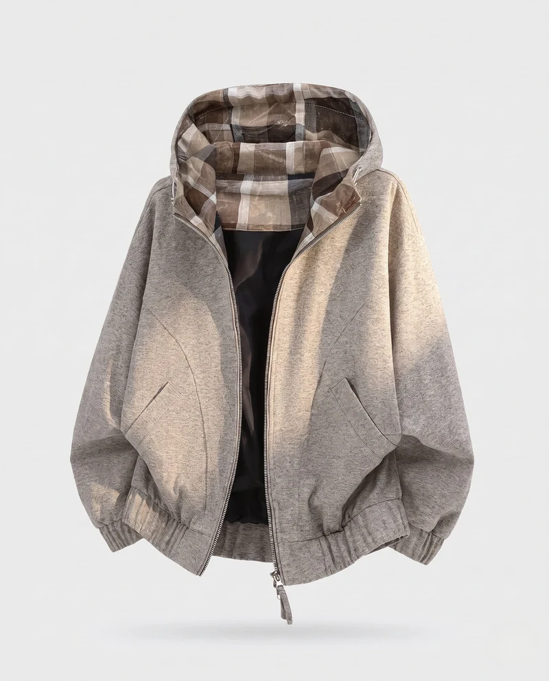 Damen Oversized Hoodie-Jacke mit Karo-Innenfutter in der Kapuze, elastischem Saum und verdeckten Seitentaschen