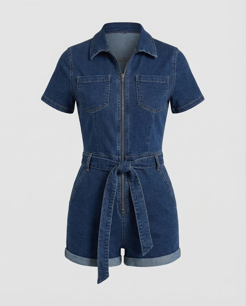 Damen Jeans Kurzoverall Reißverschluss Hemdkragen Gürtel