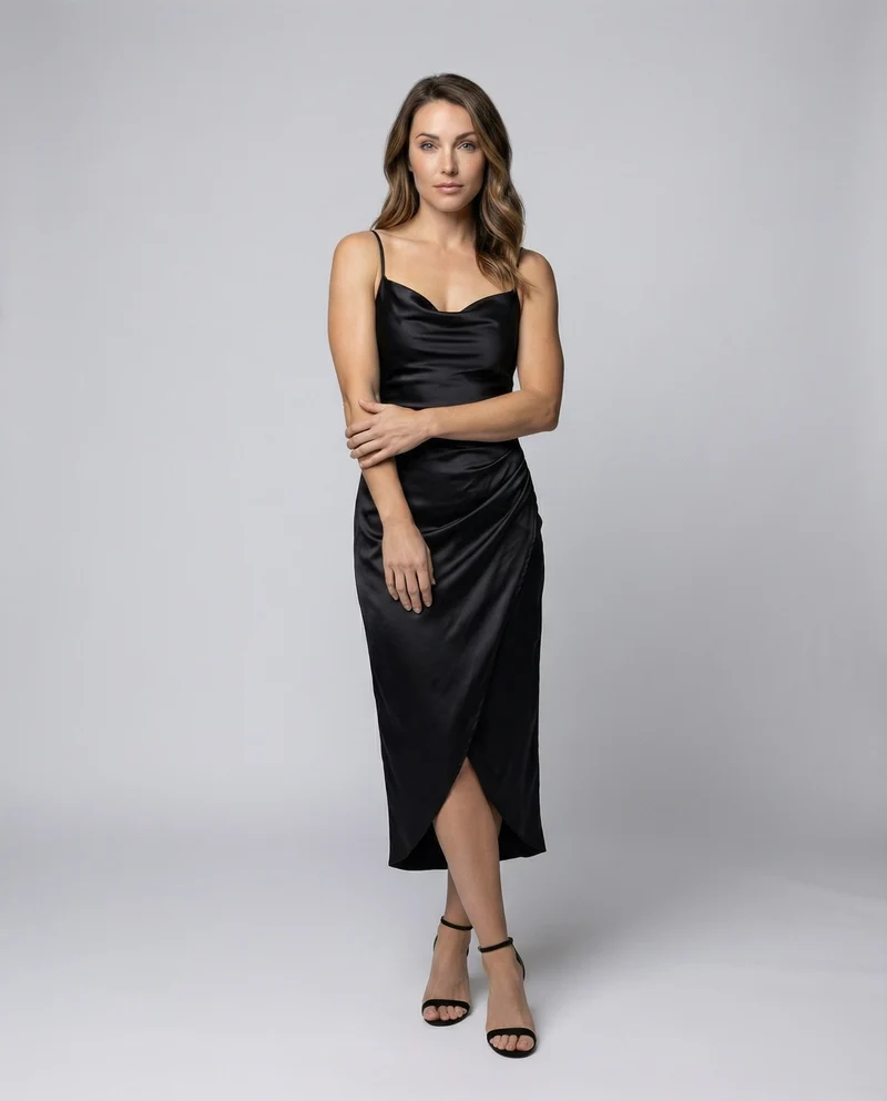 Damen Satin-Slipkleid Wasserfall-Ausschnitt Beinschlitz