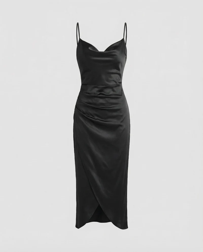 Damen Satin-Slipkleid Wasserfall-Ausschnitt Beinschlitz