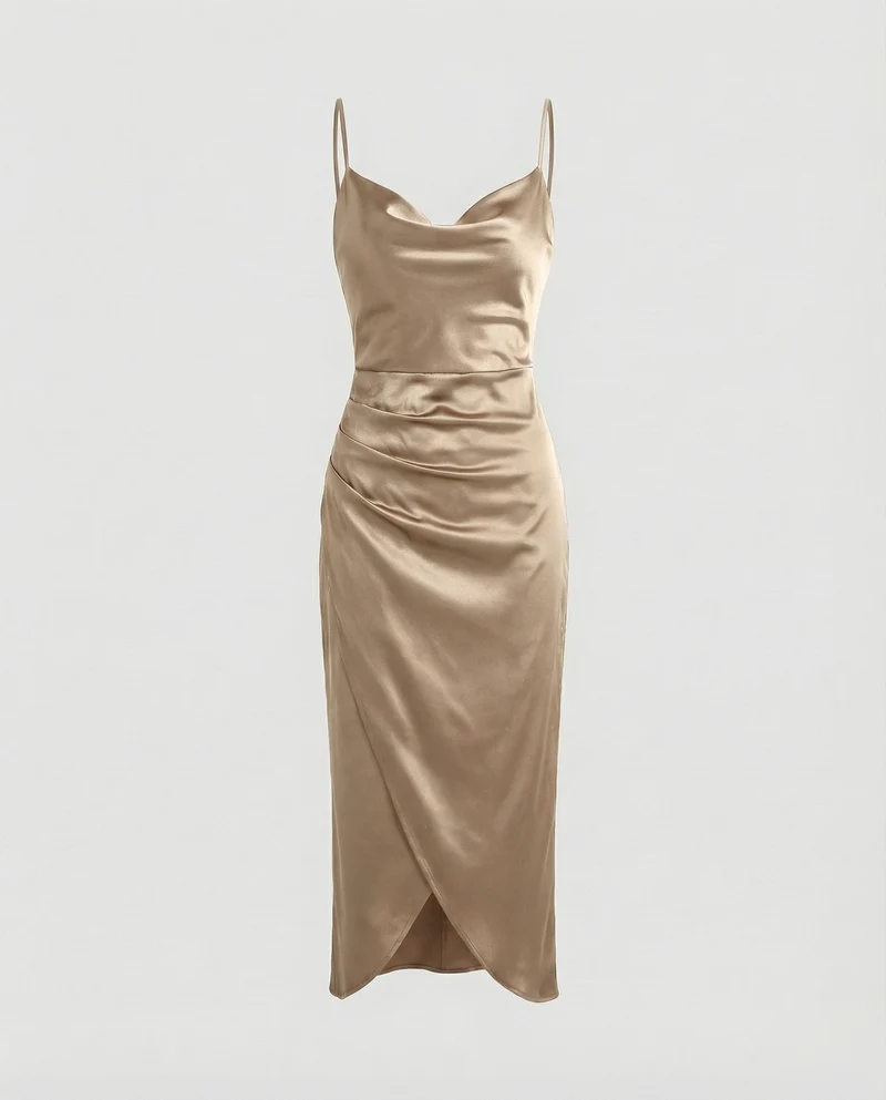 Damen Satin-Slipkleid Wasserfall-Ausschnitt Beinschlitz