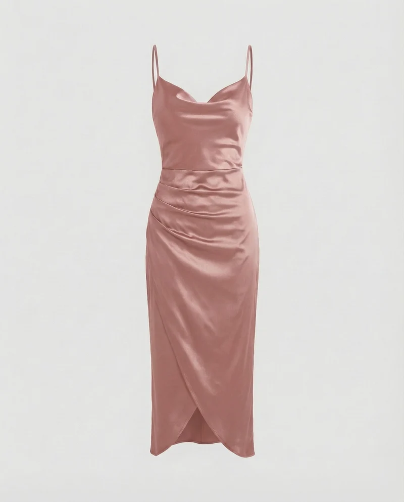 Damen Satin-Slipkleid Wasserfall-Ausschnitt Beinschlitz