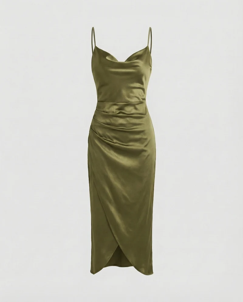 Damen Satin-Slipkleid Wasserfall-Ausschnitt Beinschlitz