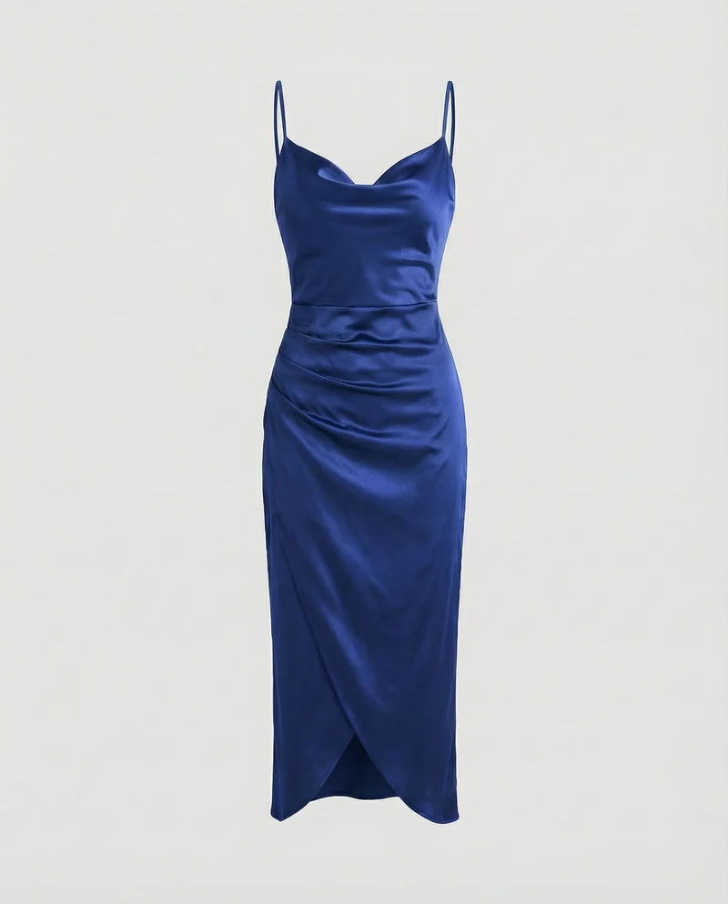 Damen Satin-Slipkleid Wasserfall-Ausschnitt Beinschlitz