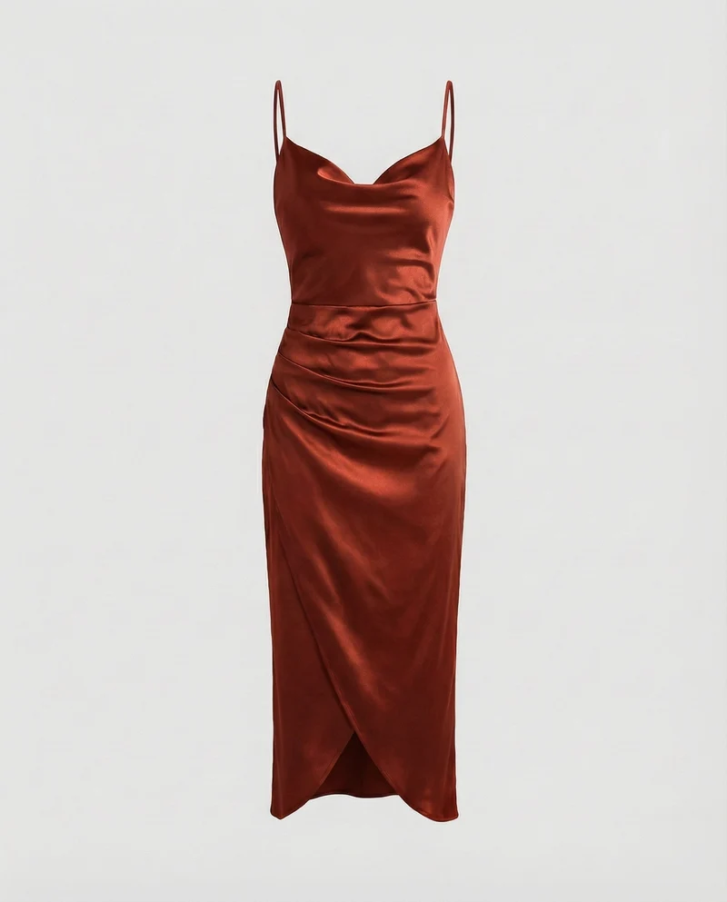 Damen Satin-Slipkleid Wasserfall-Ausschnitt Beinschlitz