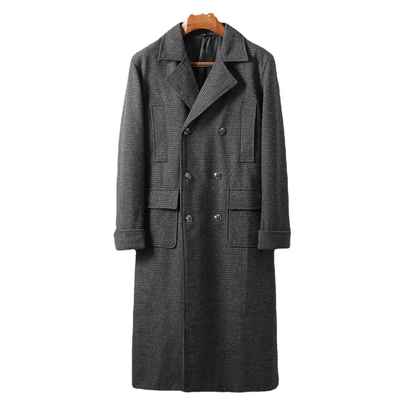 Herren Eleganter lang geschnittener Wollmantel mit Doppelreihe und Pattentaschen Nord Taschen