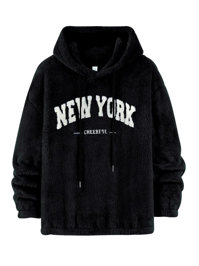 Unisex Kuscheliger Teddy-Fleece-Hoodie mit Chenille-Schriftzug Nord Taschen