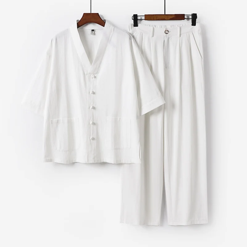 Unisex Zen-inspiriertes Relax-Set mit Kurzarm-Kimono-Oberteil, verdeckter Knopfleiste und elastischer Bundhose Nord Taschen