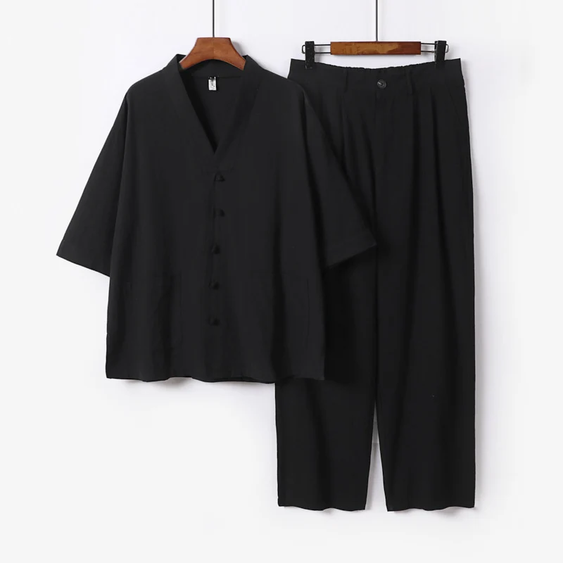 Unisex Zen-inspiriertes Relax-Set mit Kurzarm-Kimono-Oberteil, verdeckter Knopfleiste und elastischer Bundhose Nord Taschen