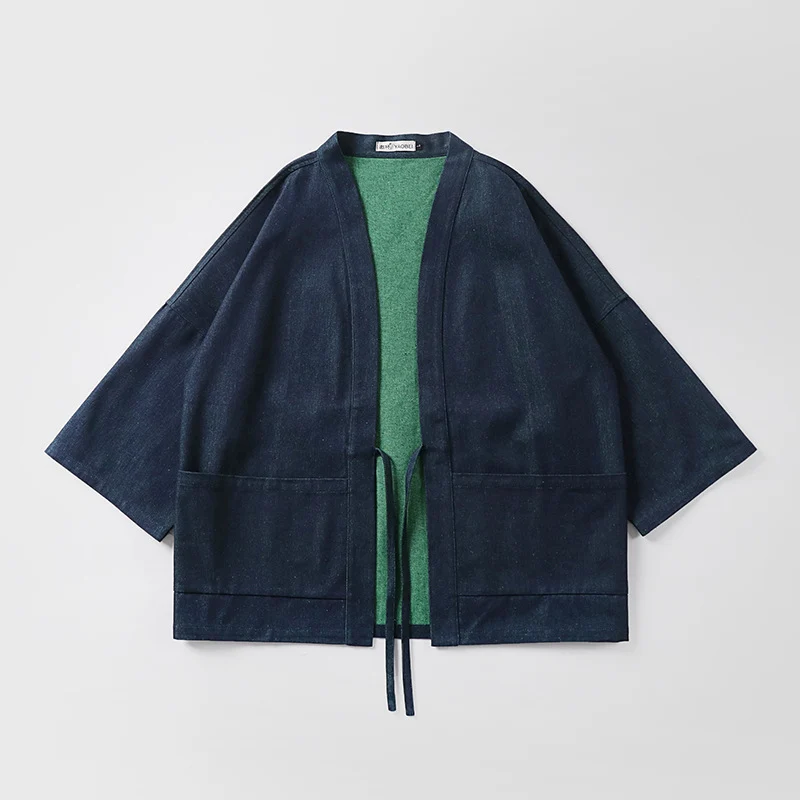 Unisex weit geschnittene Kimono-Jacke aus Baumwoll-Denim mit Bindeband und großen Aufgesetzten Taschen Nord Taschen