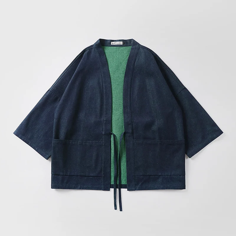Unisex weit geschnittene Kimono-Jacke aus Baumwoll-Denim mit Bindeband und großen Aufgesetzten Taschen Nord Taschen