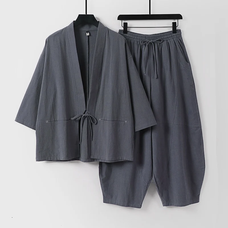 Unisex Modernes Kimono-Lounge-Set aus weichem Baumwollmix mit Kurzjacke, Tunnelzug-Hose und gerafften Knöcheln Nord Taschen