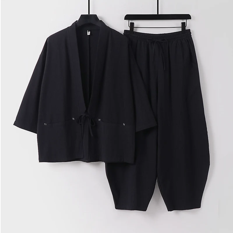 Unisex Modernes Kimono-Lounge-Set aus weichem Baumwollmix mit Kurzjacke, Tunnelzug-Hose und gerafften Knöcheln Nord Taschen