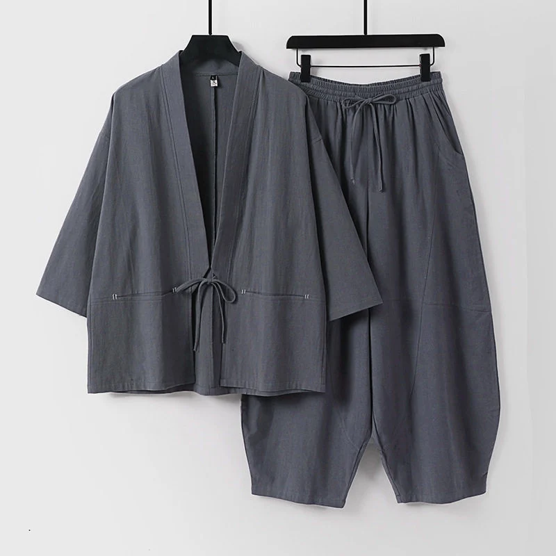 Unisex Modernes Kimono-Lounge-Set aus weichem Baumwollmix mit Kurzjacke, Tunnelzug-Hose und gerafften Knöcheln Nord Taschen