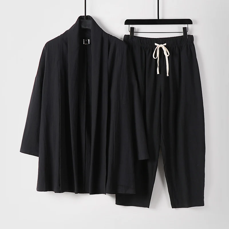 Unisex Lockeres Kimono-Lounge-Set aus leichter Baumwollmischung mit Schalkragen und Kordelbundhose Nord Taschen