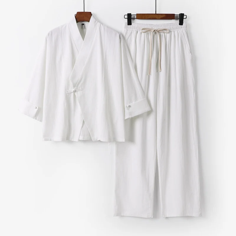 Unisex Leichtes Zen-Lounge-Set im Kimono-Stil mit überschnittener Schulter verdeckter Knotenleiste und elastischer Tunnelzughose Nord Taschen
