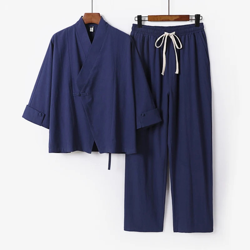 Unisex Leichtes Zen-Lounge-Set im Kimono-Stil mit überschnittener Schulter verdeckter Knotenleiste und elastischer Tunnelzughose Nord Taschen