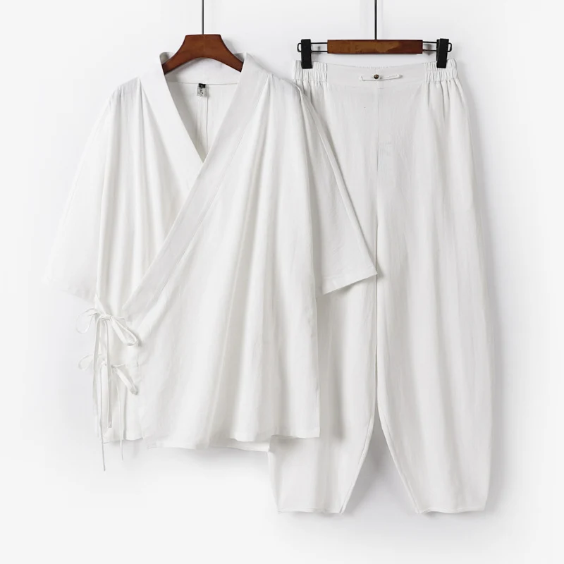Unisex Leichtes Wickel-Lounge-Set im Kimono-Stil mit seitlichen Bindebändern und elastischer konisch zulaufender Hose Nord Taschen