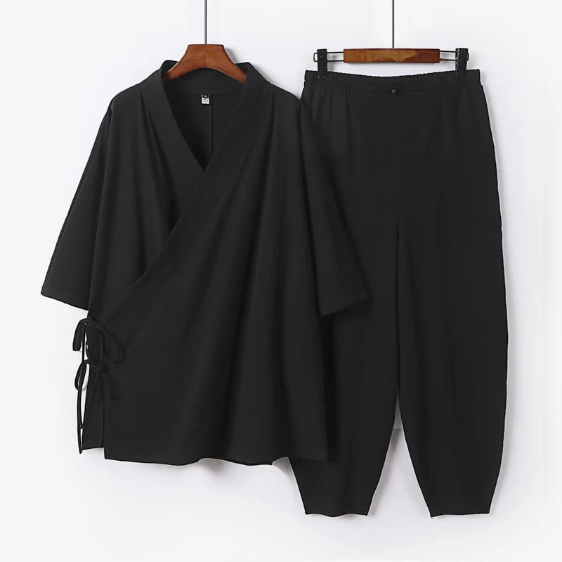 Unisex Leichtes Wickel-Lounge-Set im Kimono-Stil mit seitlichen Bindebändern und elastischer konisch zulaufender Hose Nord Taschen