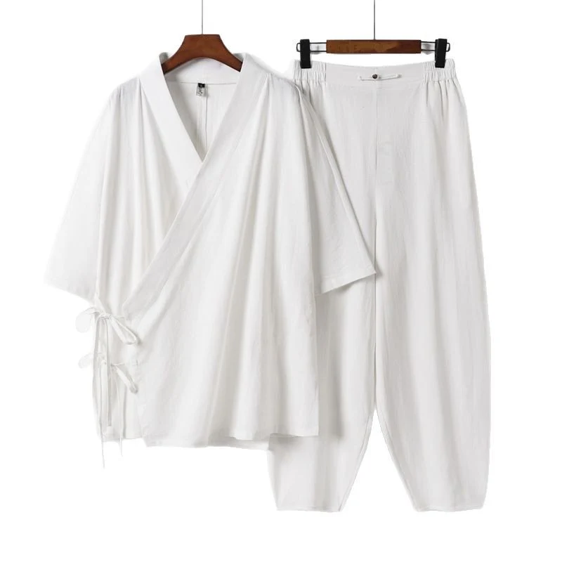 Unisex Leichtes Wickel-Lounge-Set im Kimono-Stil mit seitlichen Bindebändern und elastischer konisch zulaufender Hose Nord Taschen