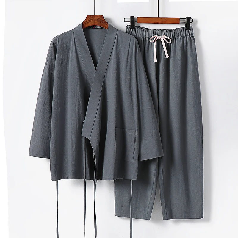 Unisex Leichtes Kimono-Lounge-Set aus weichfallendem Baumwoll-Mix mit Tunnelzughose Nord Taschen
