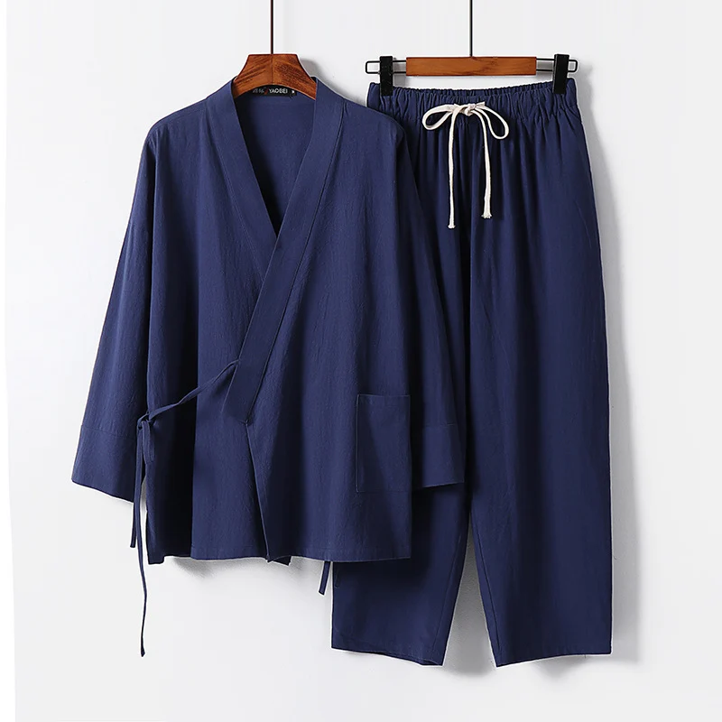 Unisex Leichtes Kimono-Lounge-Set aus weichfallendem Baumwoll-Mix mit Tunnelzughose Nord Taschen