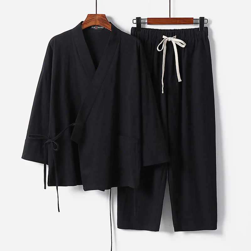 Unisex Leichtes Kimono-Lounge-Set aus weichfallendem Baumwoll-Mix mit Tunnelzughose Nord Taschen