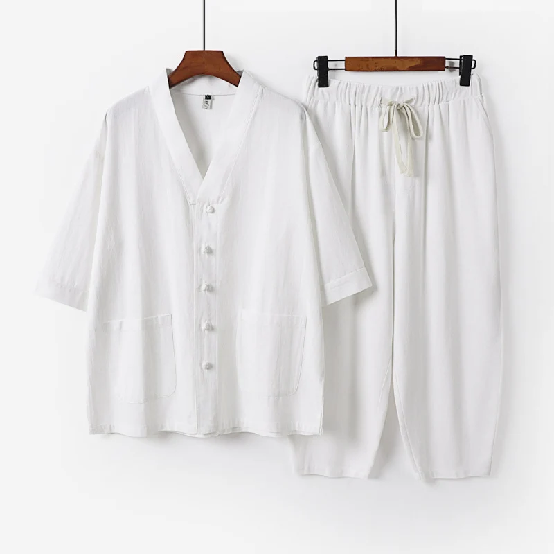 Unisex Leichtes Kimono-Lounge-Set aus Baumwoll-Leinen mit Kurzarmjacke und Kordelbund-Hose Nord Taschen