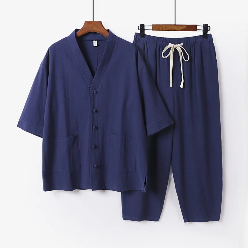Unisex Leichtes Kimono-Lounge-Set aus Baumwoll-Leinen mit Kurzarmjacke und Kordelbund-Hose Nord Taschen
