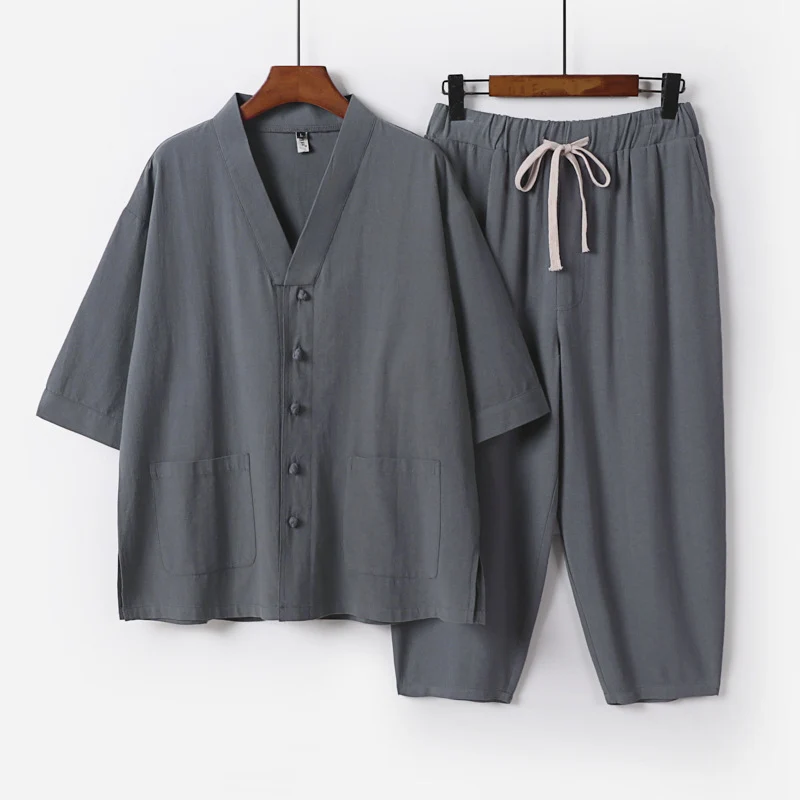 Unisex Leichtes Kimono-Lounge-Set aus Baumwoll-Leinen mit Kurzarmjacke und Kordelbund-Hose Nord Taschen