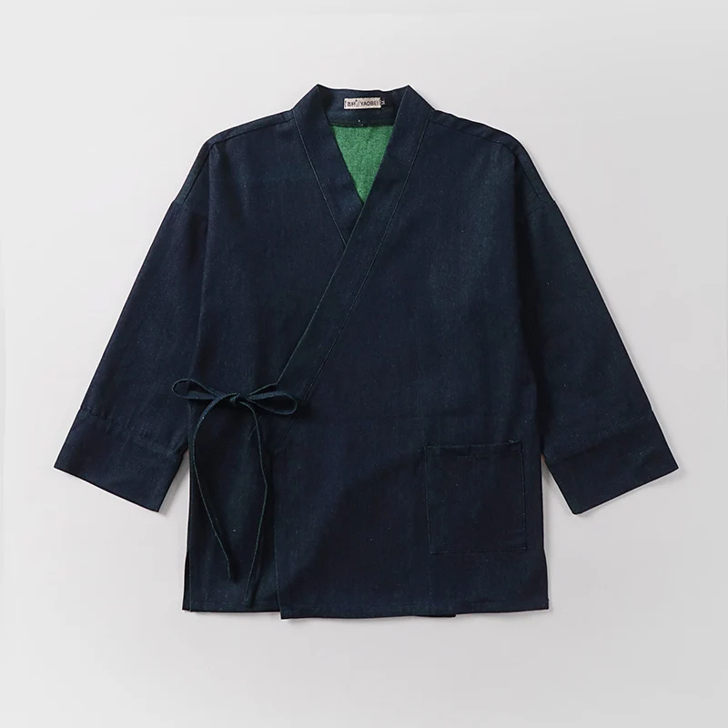 Unisex Leichte Wickel-Kimono-Jacke aus Leinen-Baumwollmix mit Kontrastbesatz und Bindegürtel Nord Taschen