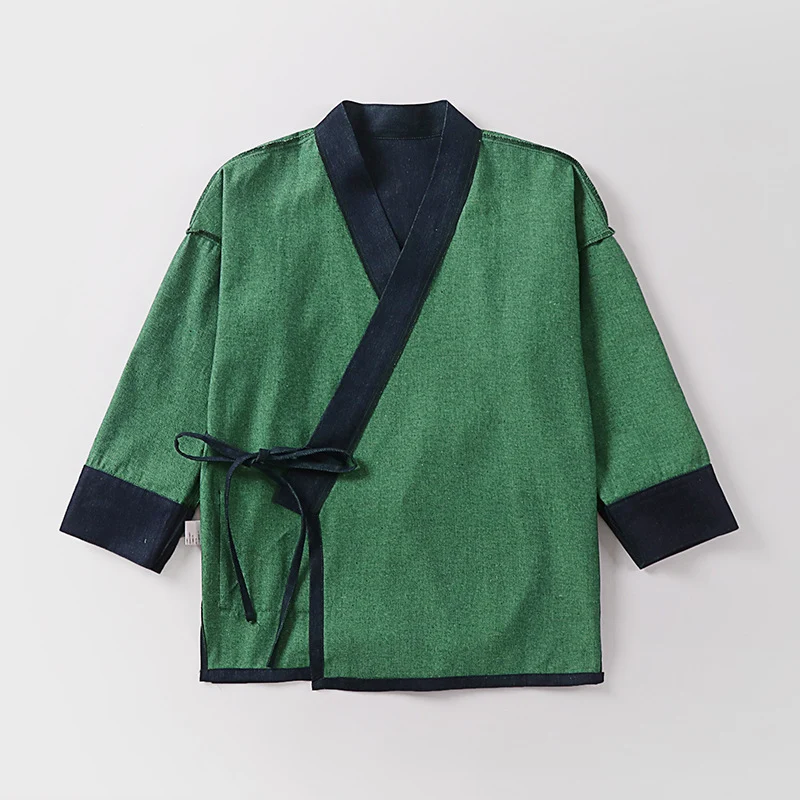 Unisex Leichte Wickel-Kimono-Jacke aus Leinen-Baumwollmix mit Kontrastbesatz und Bindegürtel Nord Taschen