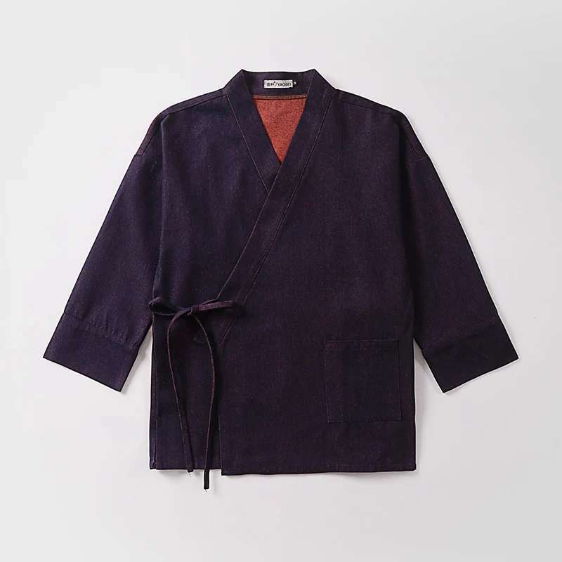Unisex Leichte Wickel-Kimono-Jacke aus Leinen-Baumwollmix mit Kontrastbesatz und Bindegürtel Nord Taschen