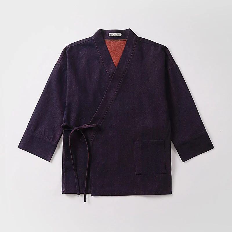 Unisex Leichte Wickel-Kimono-Jacke aus Leinen-Baumwollmix mit Kontrastbesatz und Bindegürtel Nord Taschen