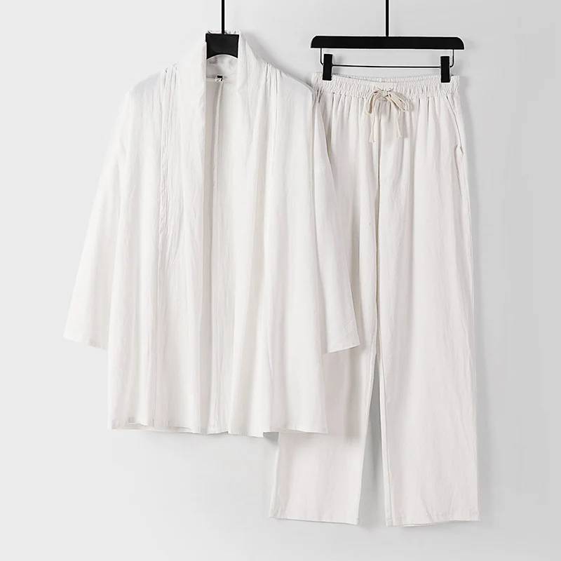 Unisex Lässiges Kimono-Zweiteiler aus atmungsaktivem Leinen-Viskose mit offenem Schalkragen und Kordelbundhose Nord Taschen