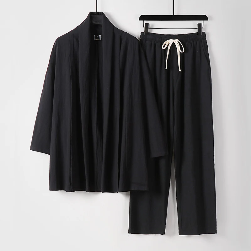 Unisex Lässiges Kimono-Zweiteiler aus atmungsaktivem Leinen-Viskose mit offenem Schalkragen und Kordelbundhose Nord Taschen
