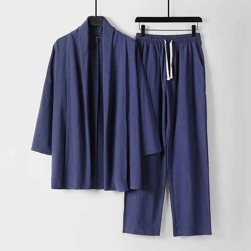 Unisex Lässiges Kimono-Zweiteiler aus atmungsaktivem Leinen-Viskose mit offenem Schalkragen und Kordelbundhose Nord Taschen